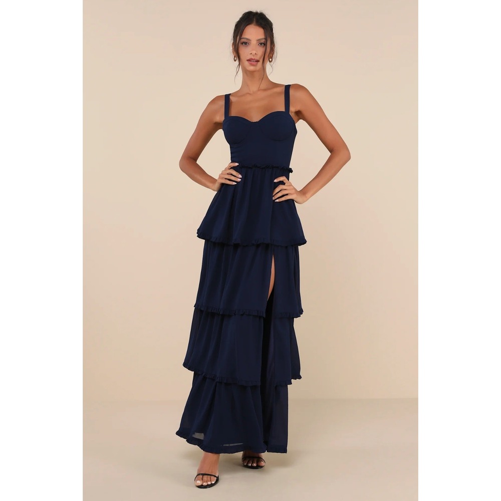 NEW Lulu's Sophisticated Occasion Navy Blue Bustier Lace-Up Maxi‎ Dress Size S
